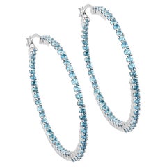 Natural Swiss Blue Topaz Hoop Earrings Total 3.60 Carats Rhodium Plated Silver