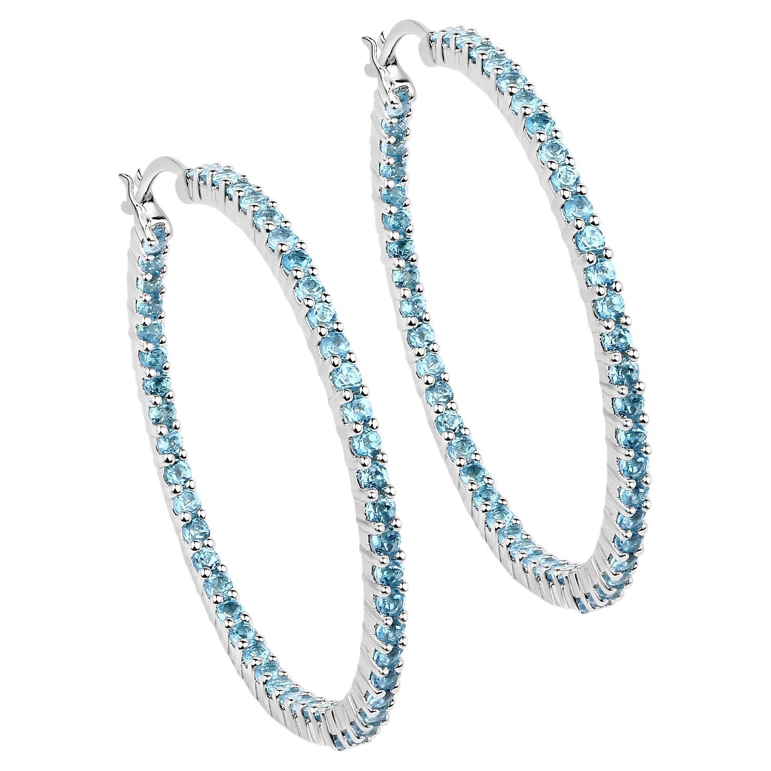 Natural Swiss Blue Topaz Hoop Earrings Total 3.60 Carats Rhodium Plated Silver