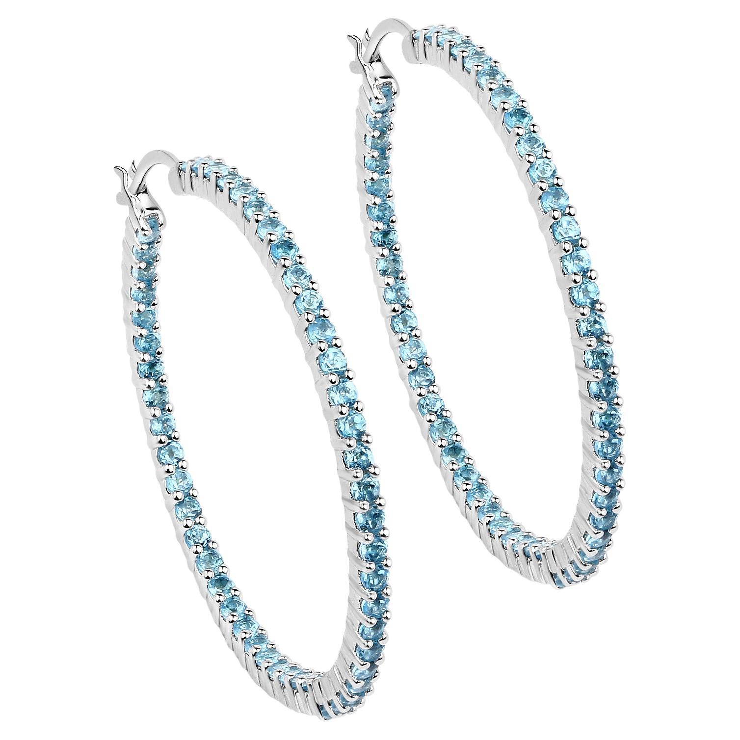Natural Swiss Blue Topaz Hoop Earrings Total 3.60 Carats Rhodium Plated Silver