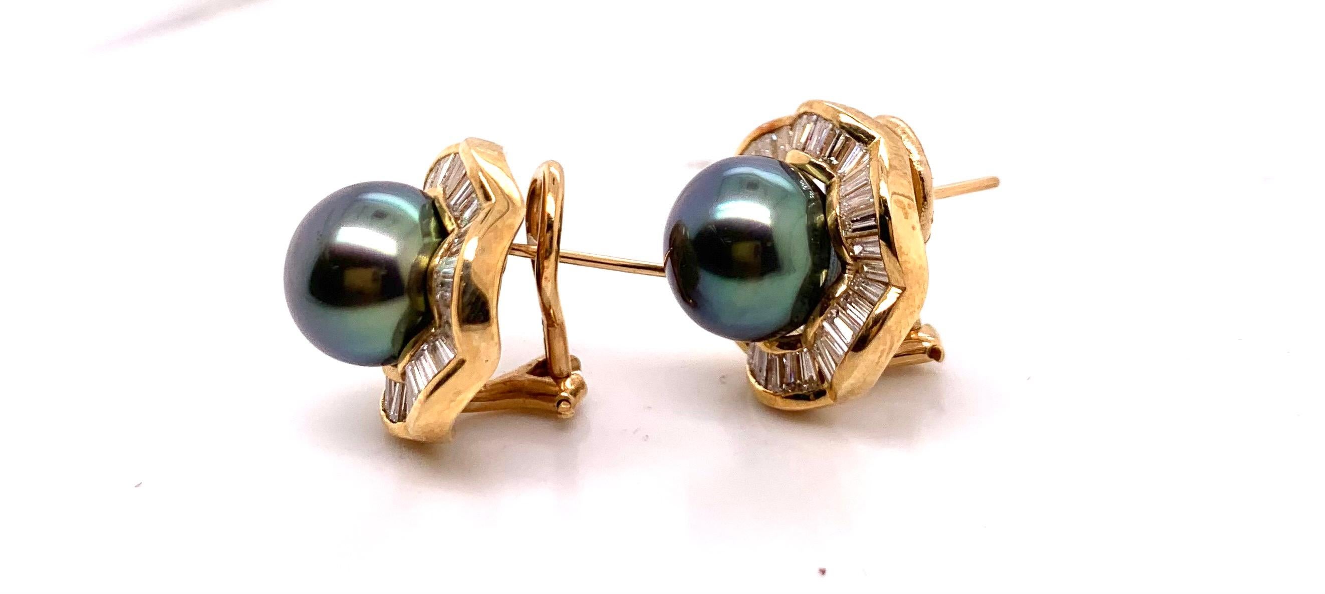 Modernist Natural Tahitian Pearl and Baguette Diamond Earrings For Sale