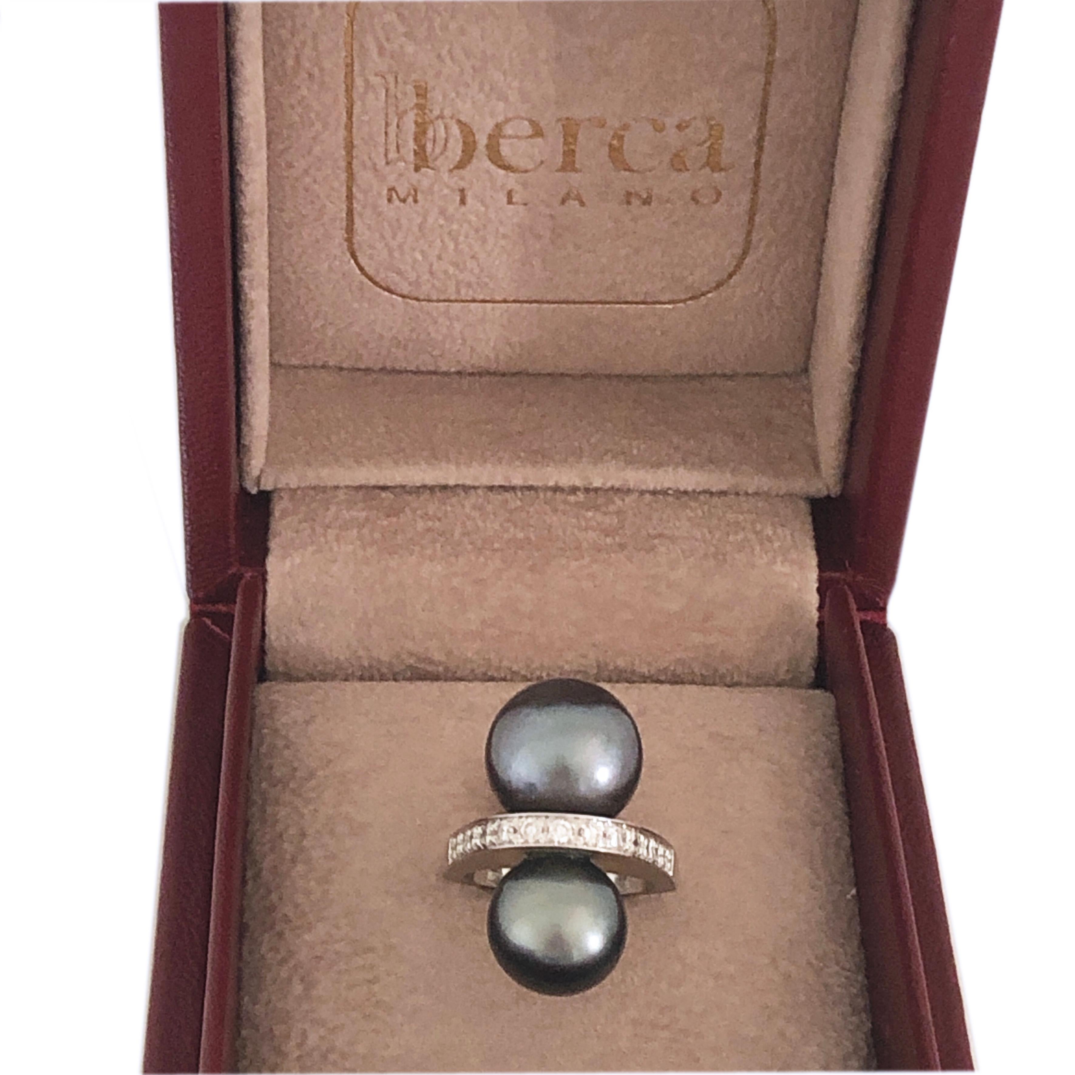 Chic, Timeless yet not Traditional Contemporary Toi et Moi Cocktail Ring featuring two Natural Velvety Black Tahitian Pearl(diameter 0.528 and 0.464 inches) in a Diamond White Gold Setting; a fitted burgundy leather case completes this unique