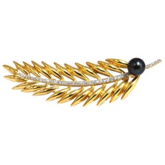 Natural Tahitian Peacock Pearl Diamonds 3D Brooch Leaf Foliage Vintage*