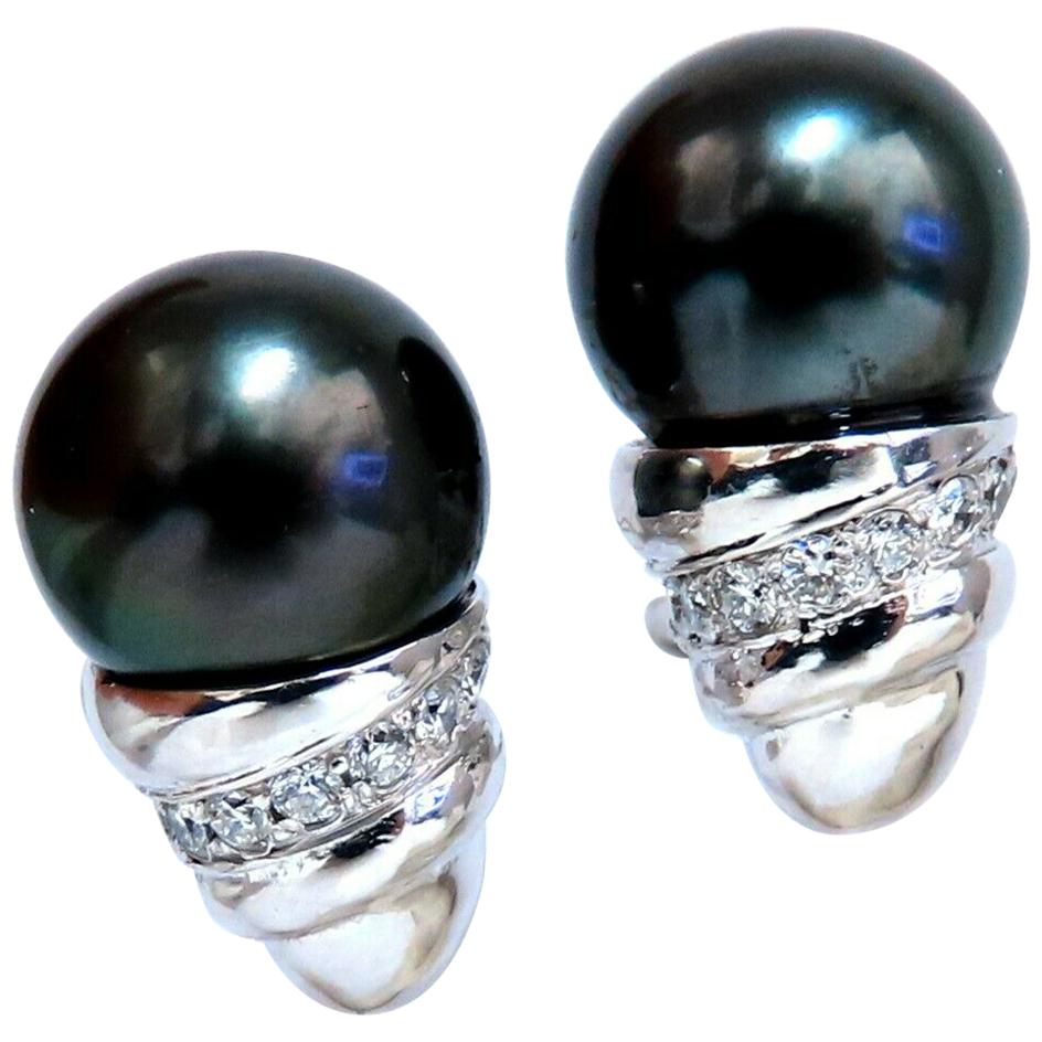 Natural Tahitian Pearl and .50 Carat Diamonds Raised Cap Earrings 14 Karat For Sale