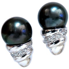 Natural Tahitian Pearl and .50 Carat Diamonds Raised Cap Earrings 14 Karat*