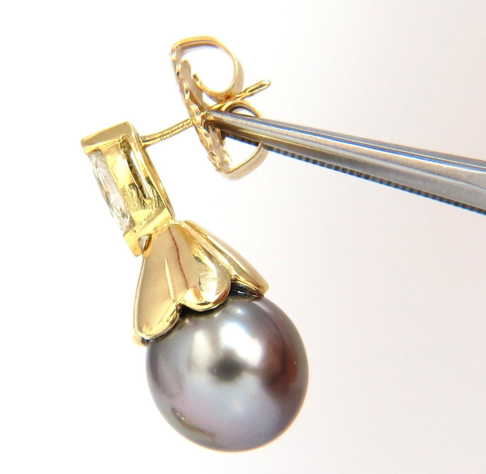 Marquise Cut Natural Tahitian Pearl and 80 Carat Diamonds Drop Cap Earrings 14 Karat For Sale