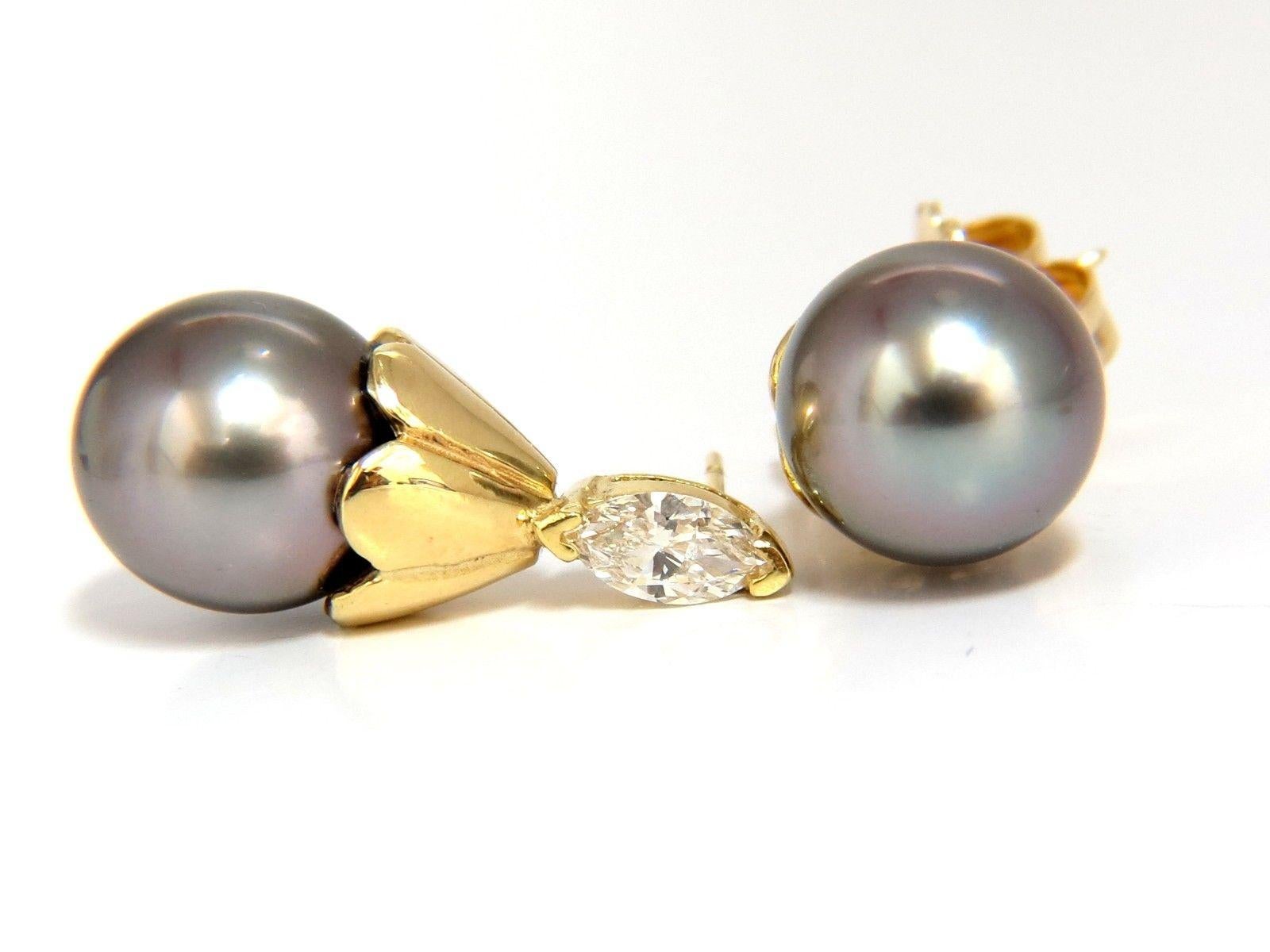 Natural Tahitian Pearl and 80 Carat Diamonds Drop Cap Earrings 14 Karat In New Condition For Sale In New York, NY