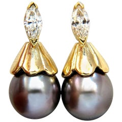 Natural Tahitian Pearl and 80 Carat Diamonds Drop Cap Earrings 14 Karat*