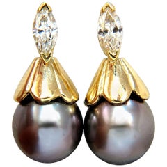 Natural Tahitian Pearl and 80 Carat Diamonds Drop Cap Earrings 14 Karat