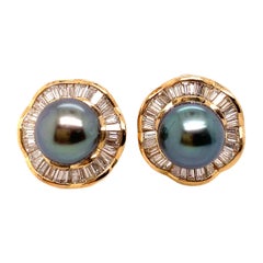 Natural Tahitian Pearl and Baguette Diamond Earrings Natural Tahitian Pearl and Baguette Diamond Earrings