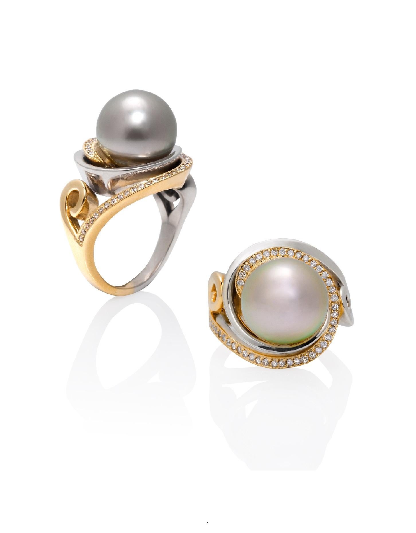 Round Cut Natural Tahitian Pearl Cocktail Ring For Sale