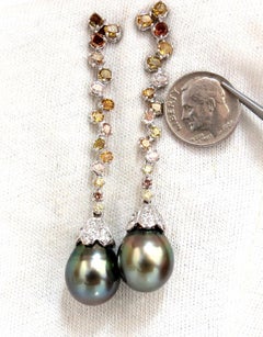 Natural Tahitian Pearls Dangle Color Diamond Earrings 14 Karat*