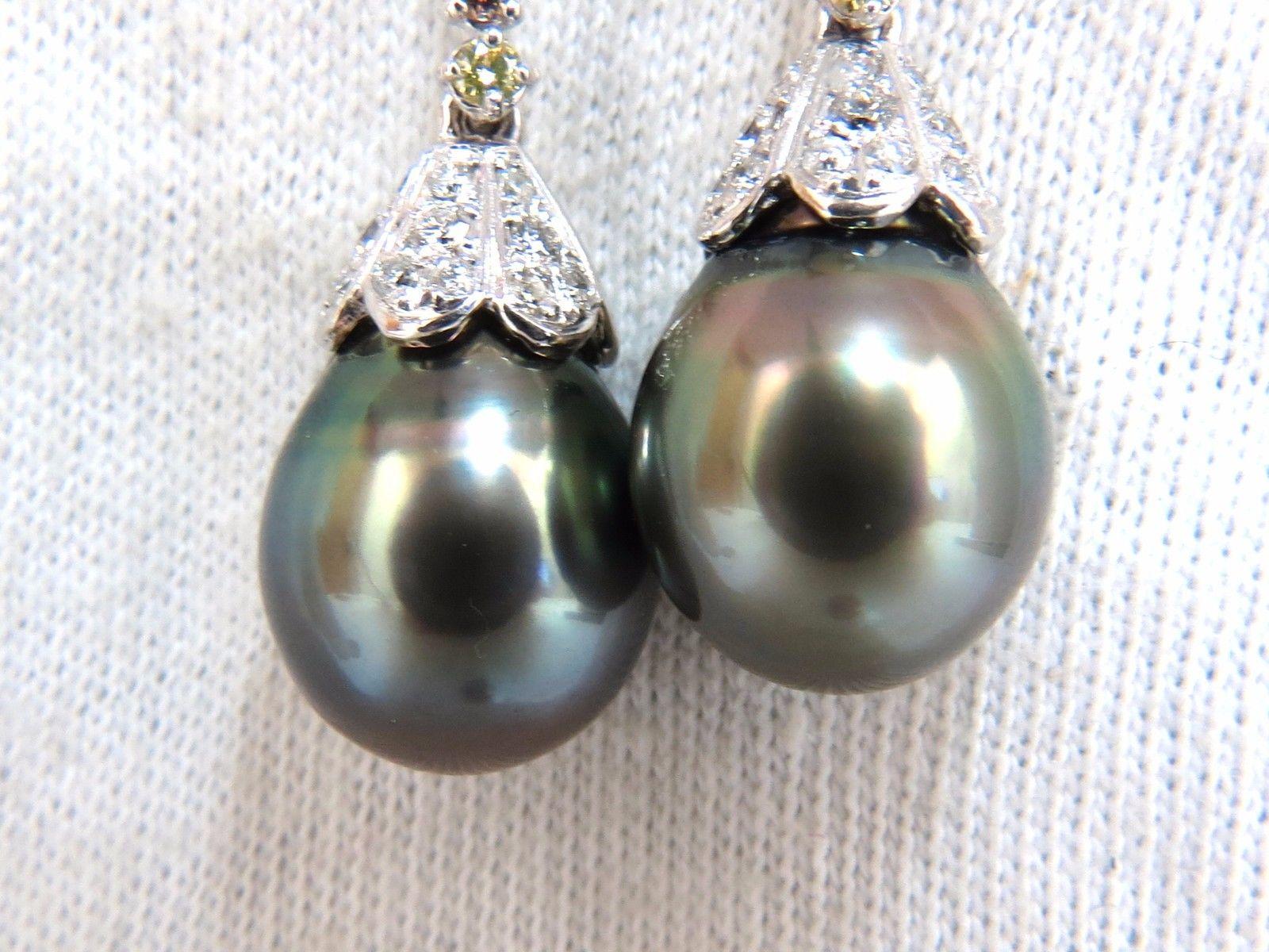 Natural Tahitian Pearls Dangle Color Diamond Earrings 14 Karat For Sale 3