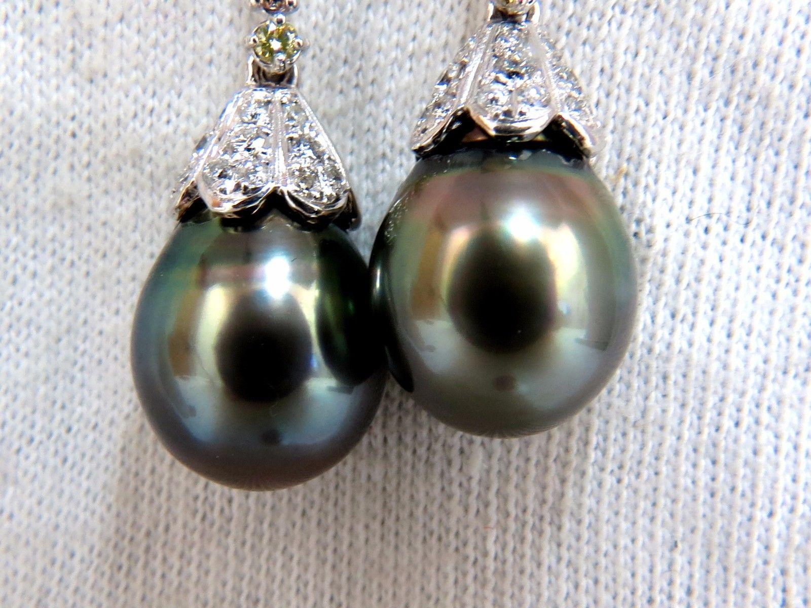 Natural Tahitian Pearls Dangle Color Diamond Earrings 14 Karat For Sale 4