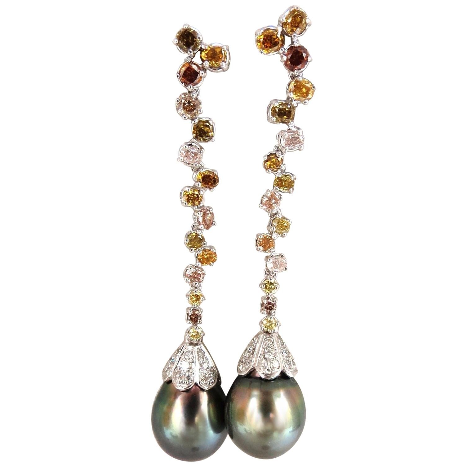 Natural Tahitian Pearls Dangle Color Diamond Earrings 14 Karat For Sale