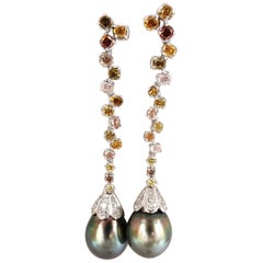 Natural Tahitian Pearls Dangle Color Diamond Earrings 14 Karat