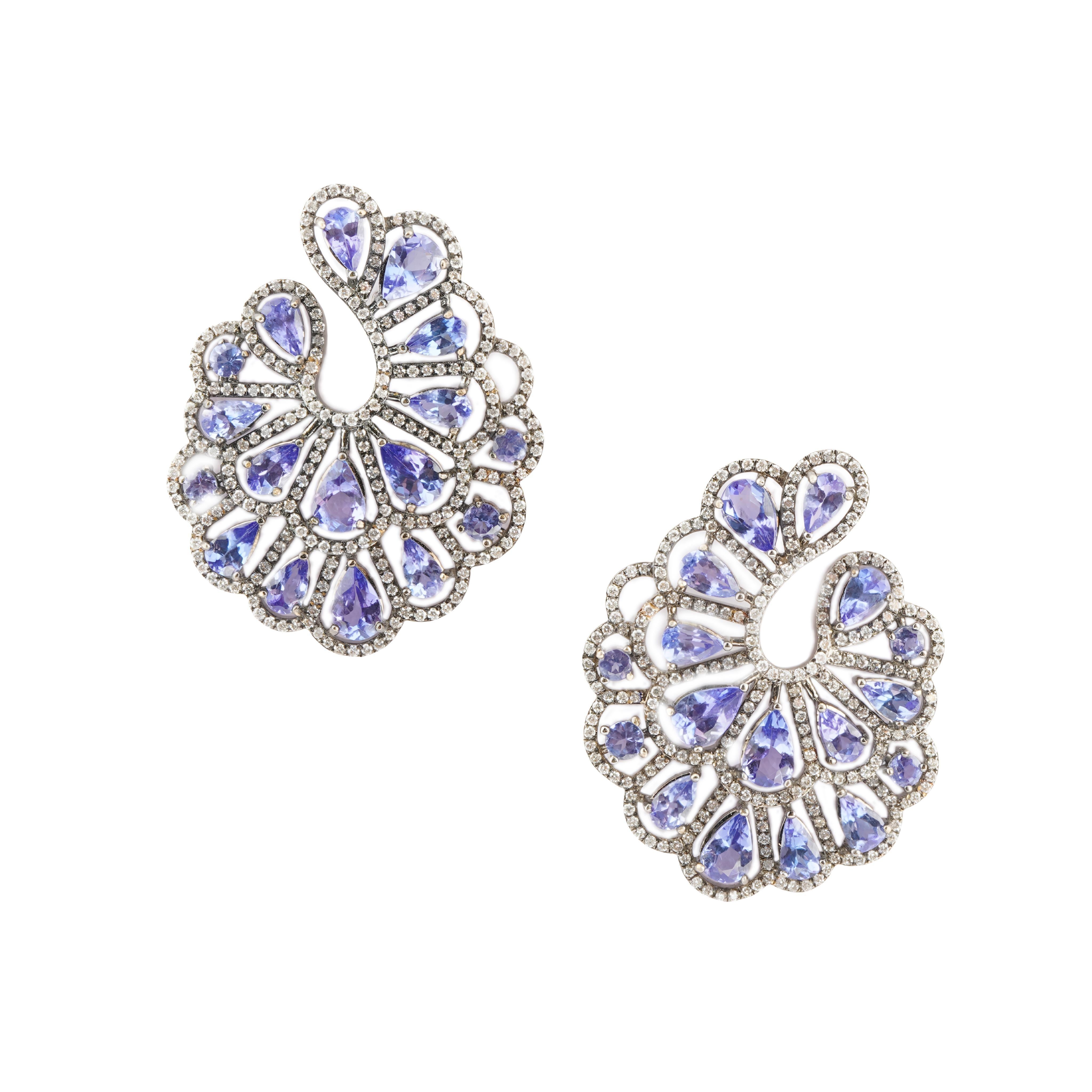 Pendiente de diamante de tanzanaita natural en oro de 18 quilates Corte Asscher en venta