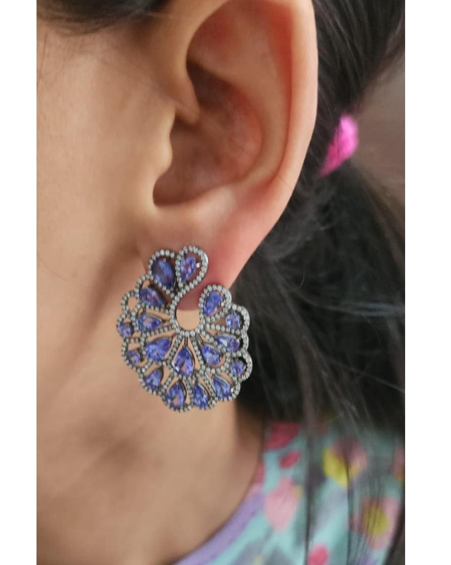 De las mujeres Pendiente de diamante de tanzanaita natural en oro de 18 quilates en venta