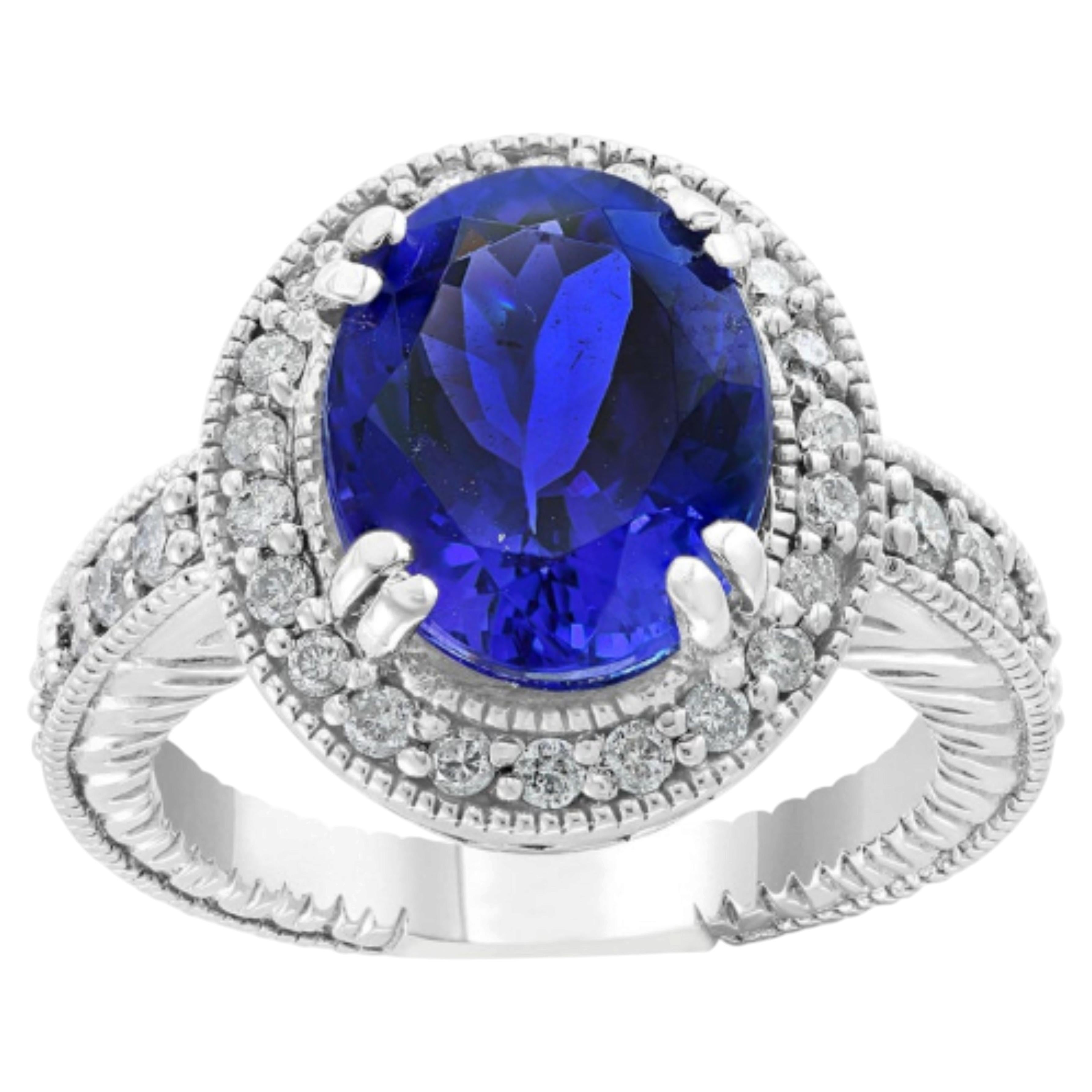 Stunning 14K White Gold Tanzanite Ring with 1ct Diamond Halo, New For Sale