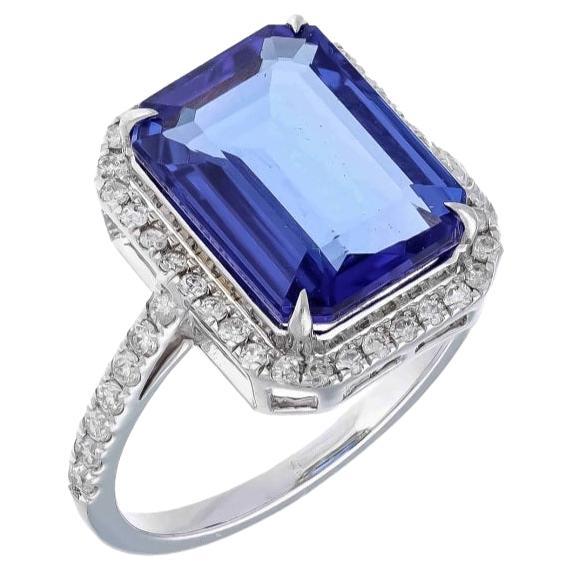 5.56 Ct Natural Tanzanite & 0.69 Ct Natural Diamond Ring in 18KW Gold For Sale