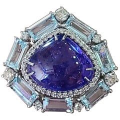 Natural Tanzanite and Aquamarine Ring in 18 Karat Gold with Diamond