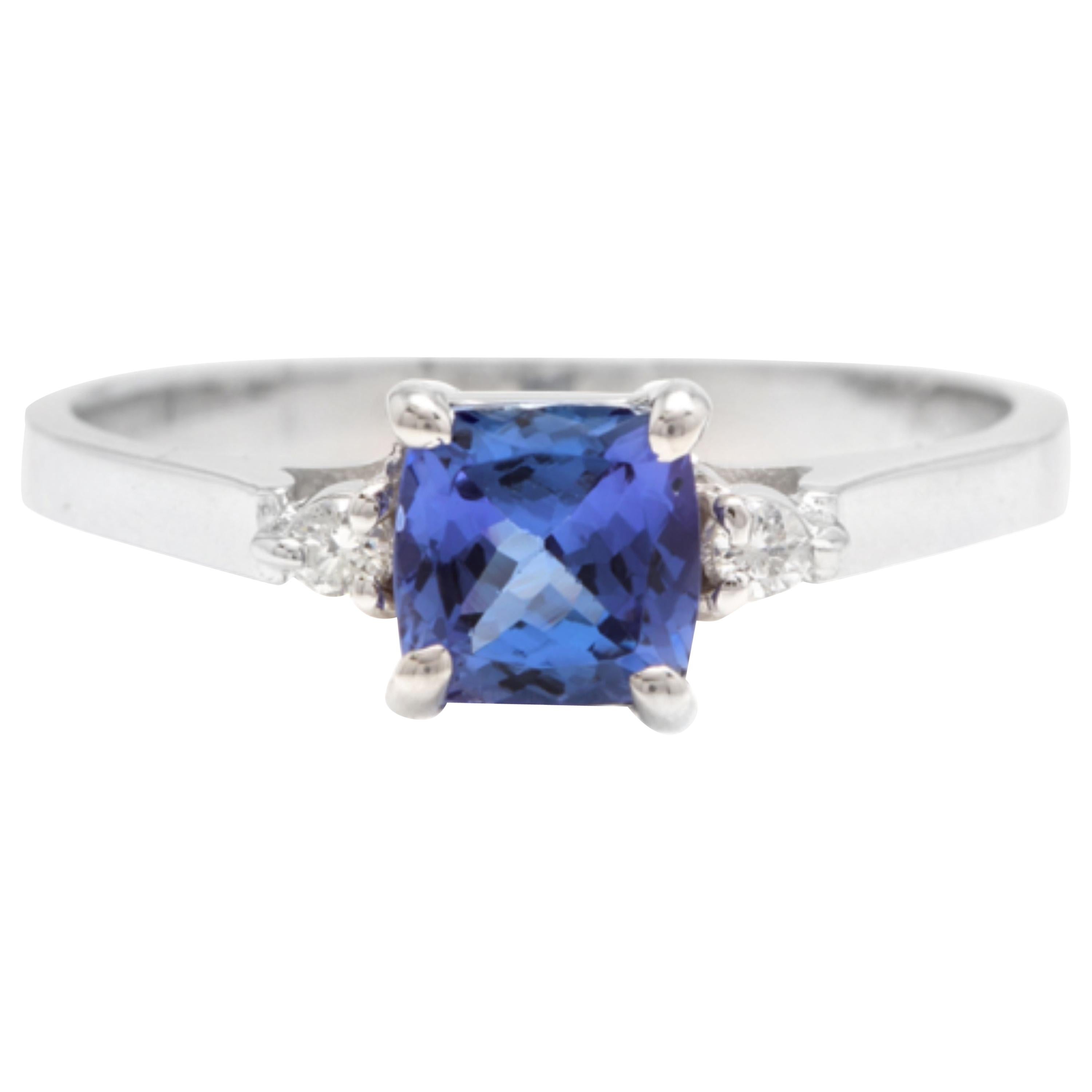Natural Tanzanite and Diamond 14 Karat Solid White Gold Ring For Sale