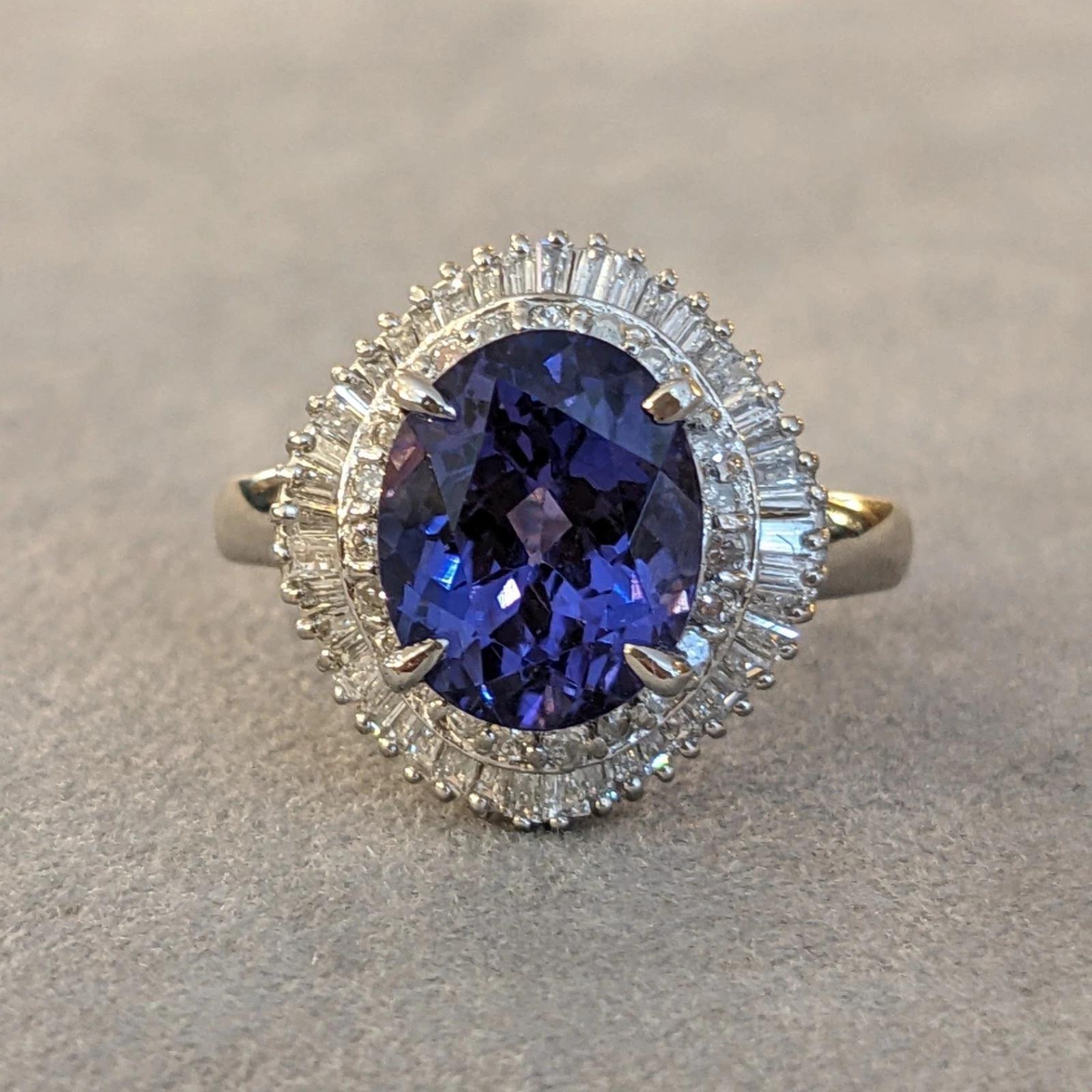 Oval Cut Natural Tanzanite and Diamond Ballerina Ring in Platinum For Sale