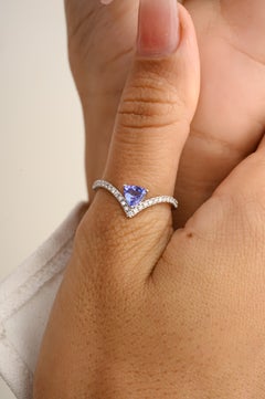 Natural Tanzanite and Diamond Chevron Wedding Ring for Women in 14k White Gold