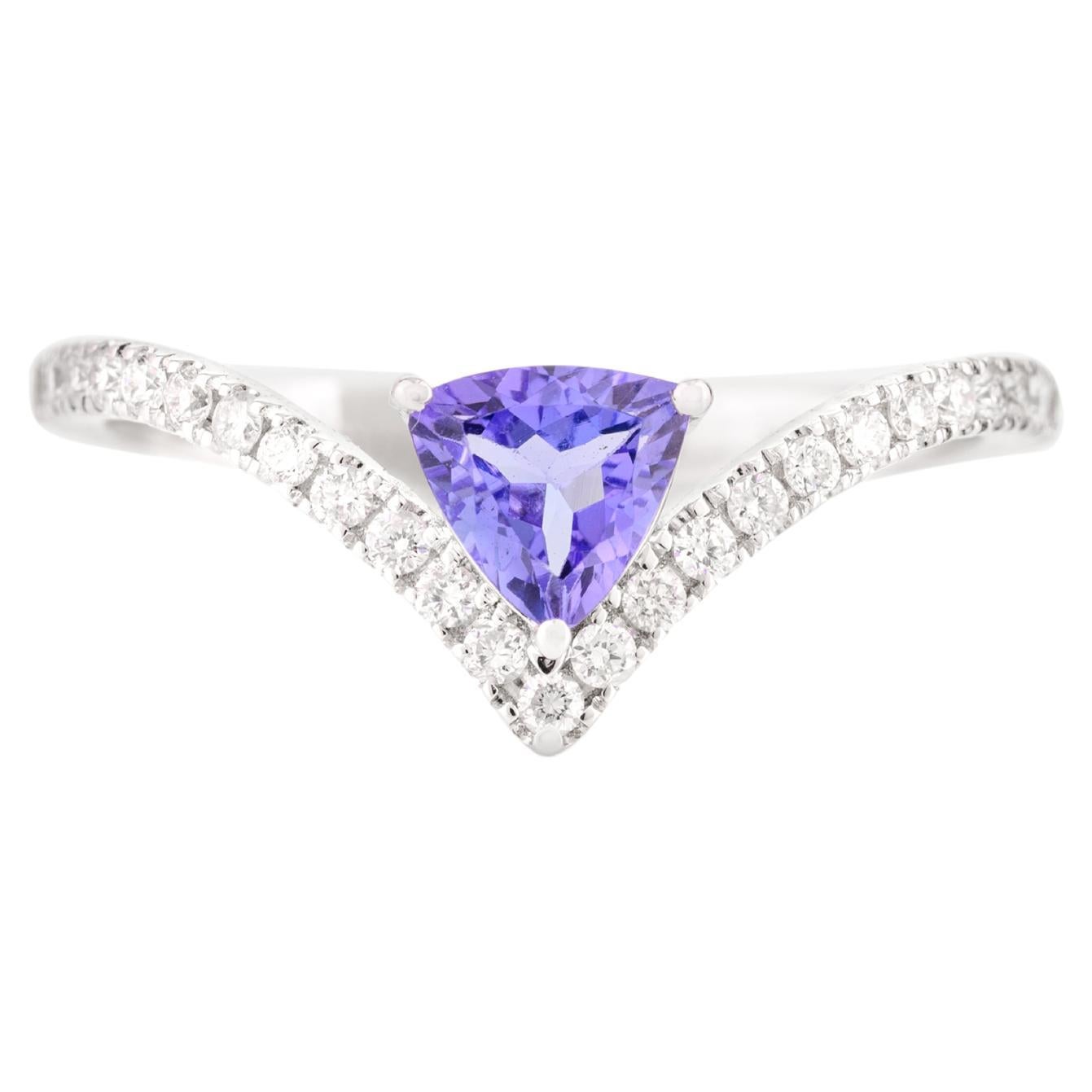 Natural Tanzanite and Diamond Chevron Wedding Ring for Women in 14k White Gold