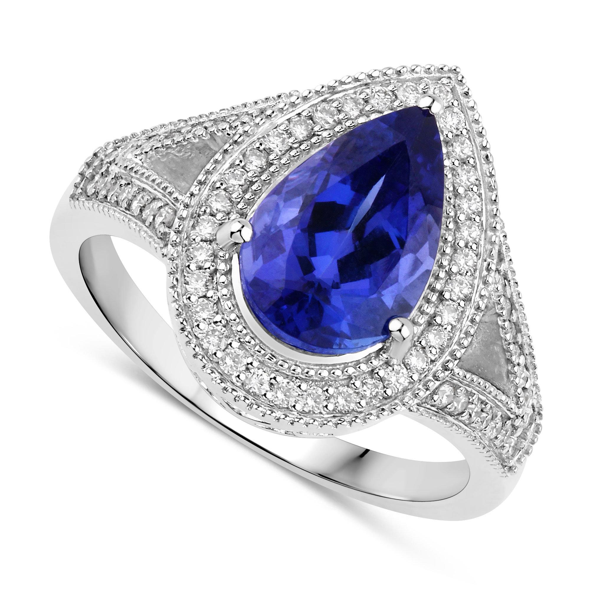 Pear Cut Natural Tanzanite and Diamond Cocktail Ring 2.60 Carats 14K White Gold For Sale