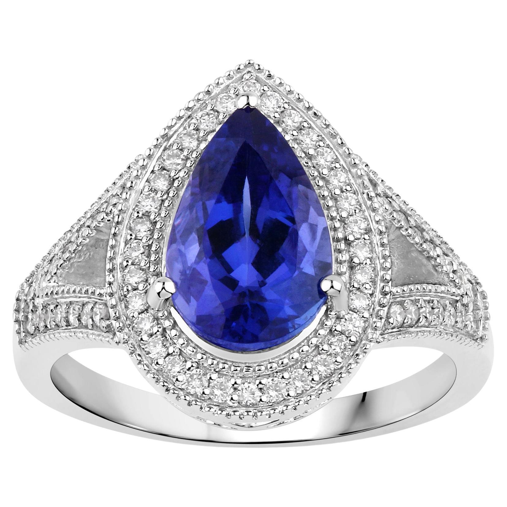 Natural Tanzanite and Diamond Cocktail Ring 2.60 Carats 14K White Gold For Sale