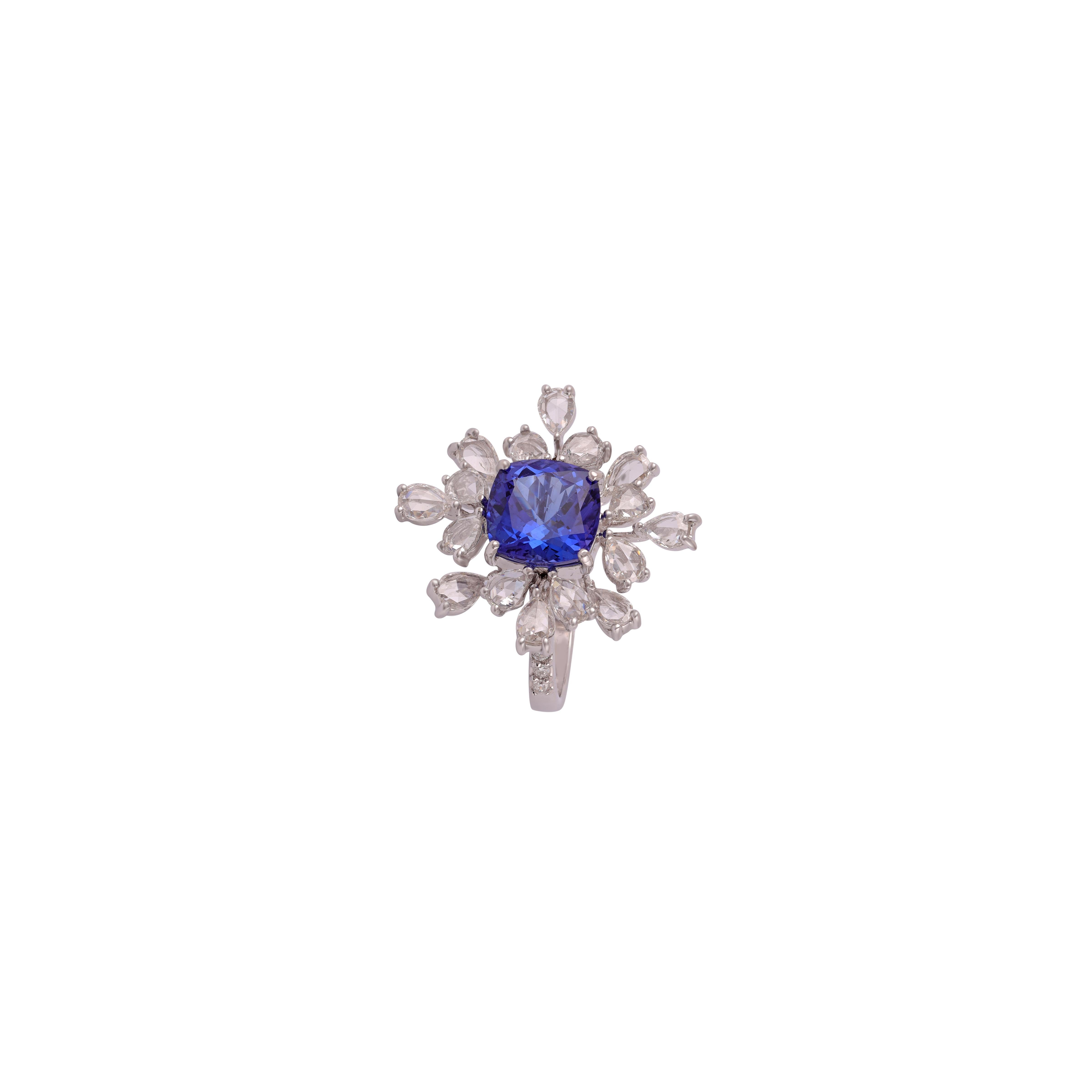 Cushion Cut  3.62 Carats Natural Tanzanite and Diamond Cocktail Ring 18k White Gold For Sale