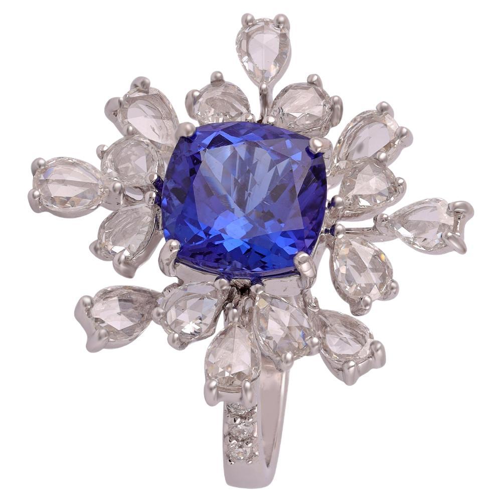  3.62 Carats Natural Tanzanite and Diamond Cocktail Ring 18k White Gold For Sale