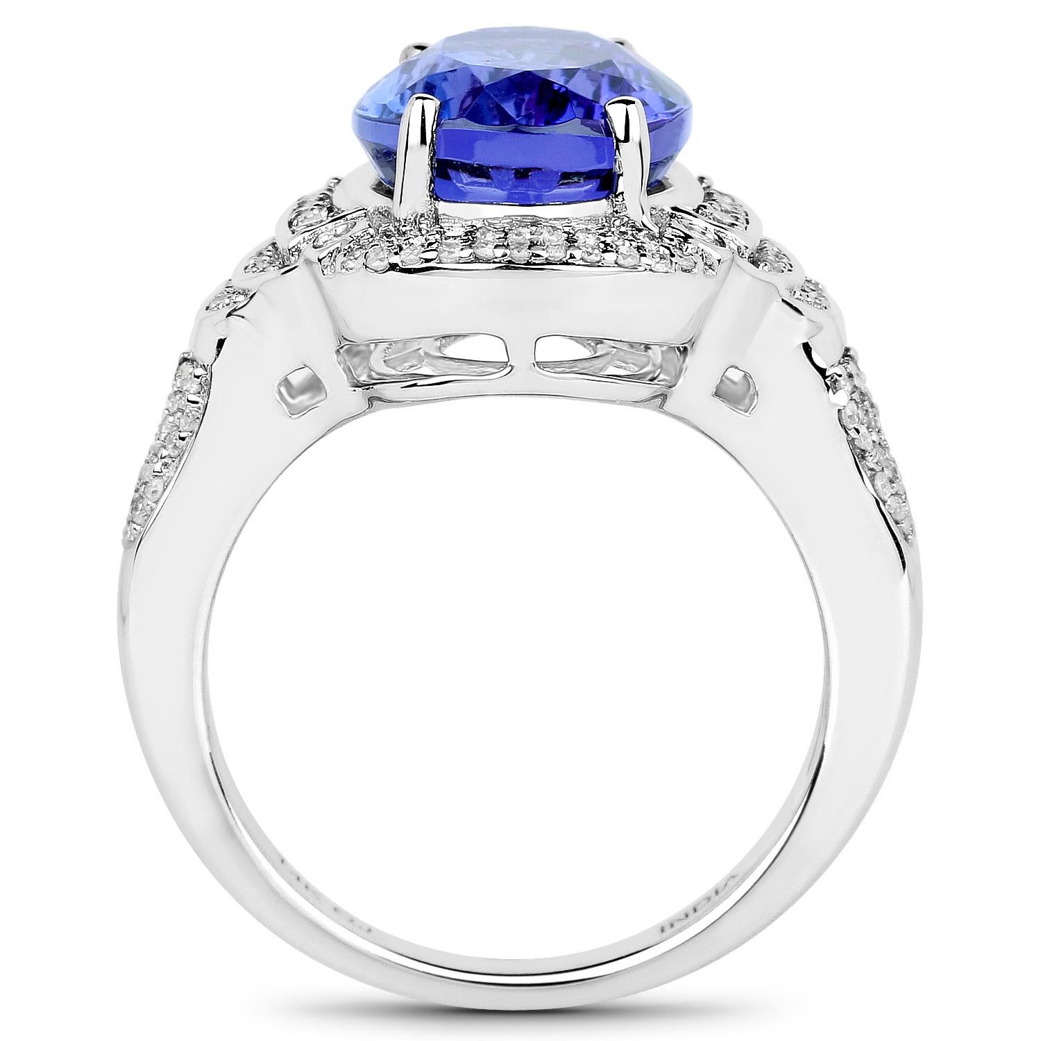 Contemporary Natural Tanzanite and Diamond Cocktail Ring 6.45 Carats 14k White Gold For Sale