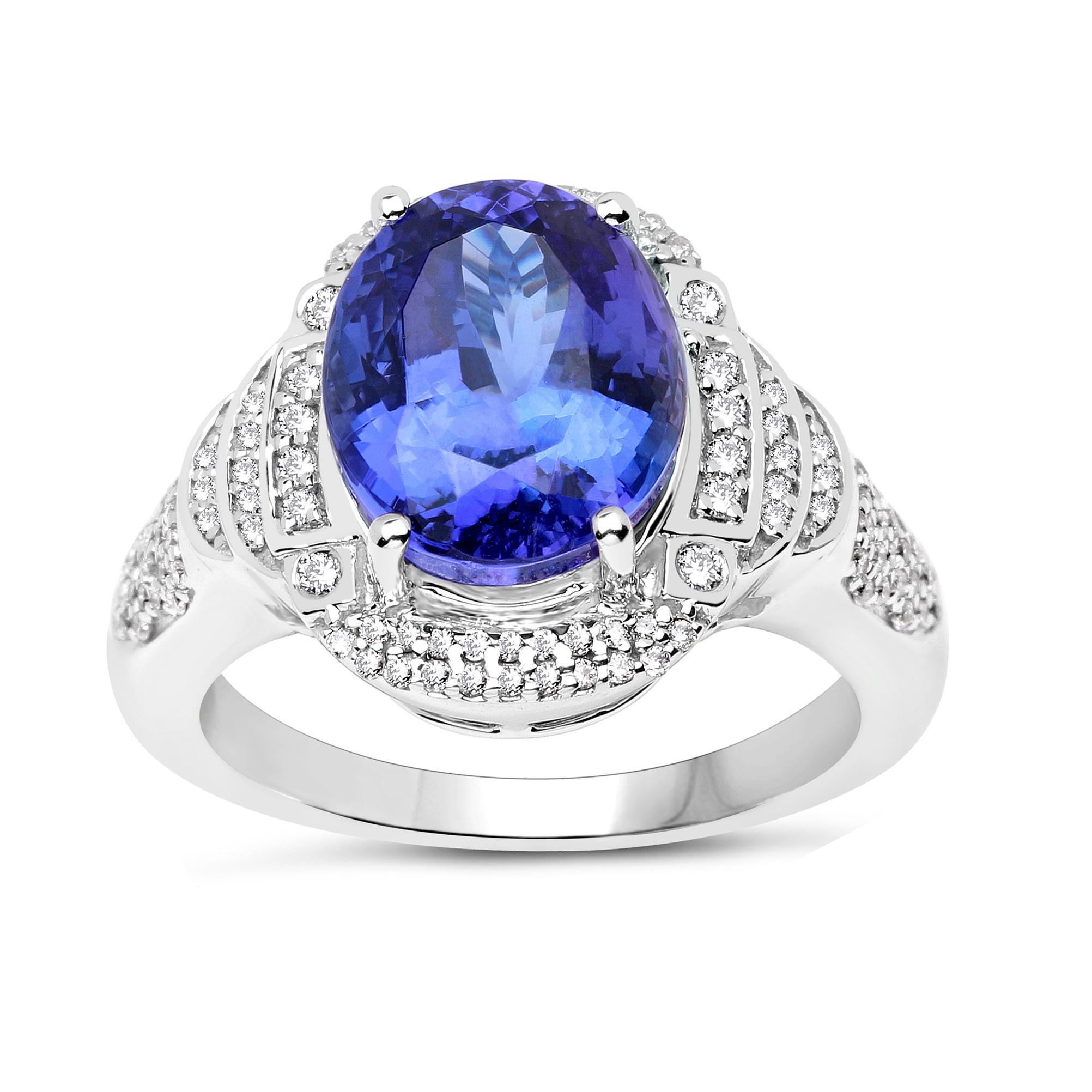Oval Cut Natural Tanzanite and Diamond Cocktail Ring 6.45 Carats 14k White Gold For Sale