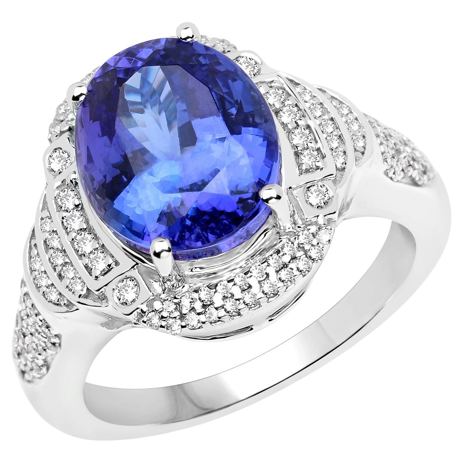 Bague cocktail en or blanc 14 carats avec tanzanite naturelle et diamants de 6,45 carats