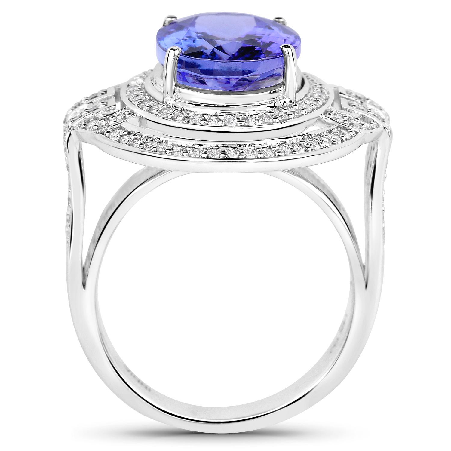 Contemporary Natural Tanzanite and Diamond Cocktail Ring 6.85 Carats 14k White Gold For Sale
