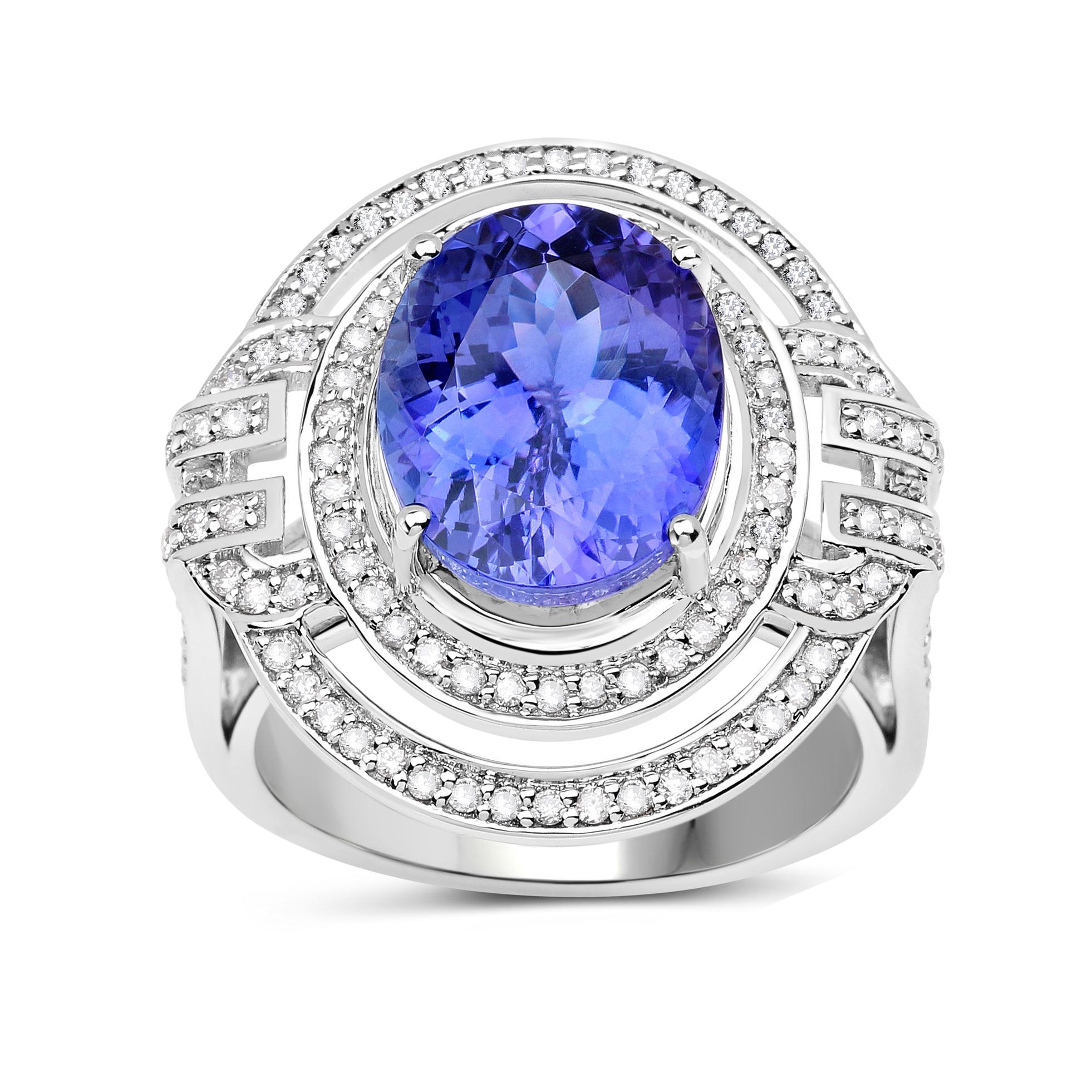 Oval Cut Natural Tanzanite and Diamond Cocktail Ring 6.85 Carats 14k White Gold For Sale