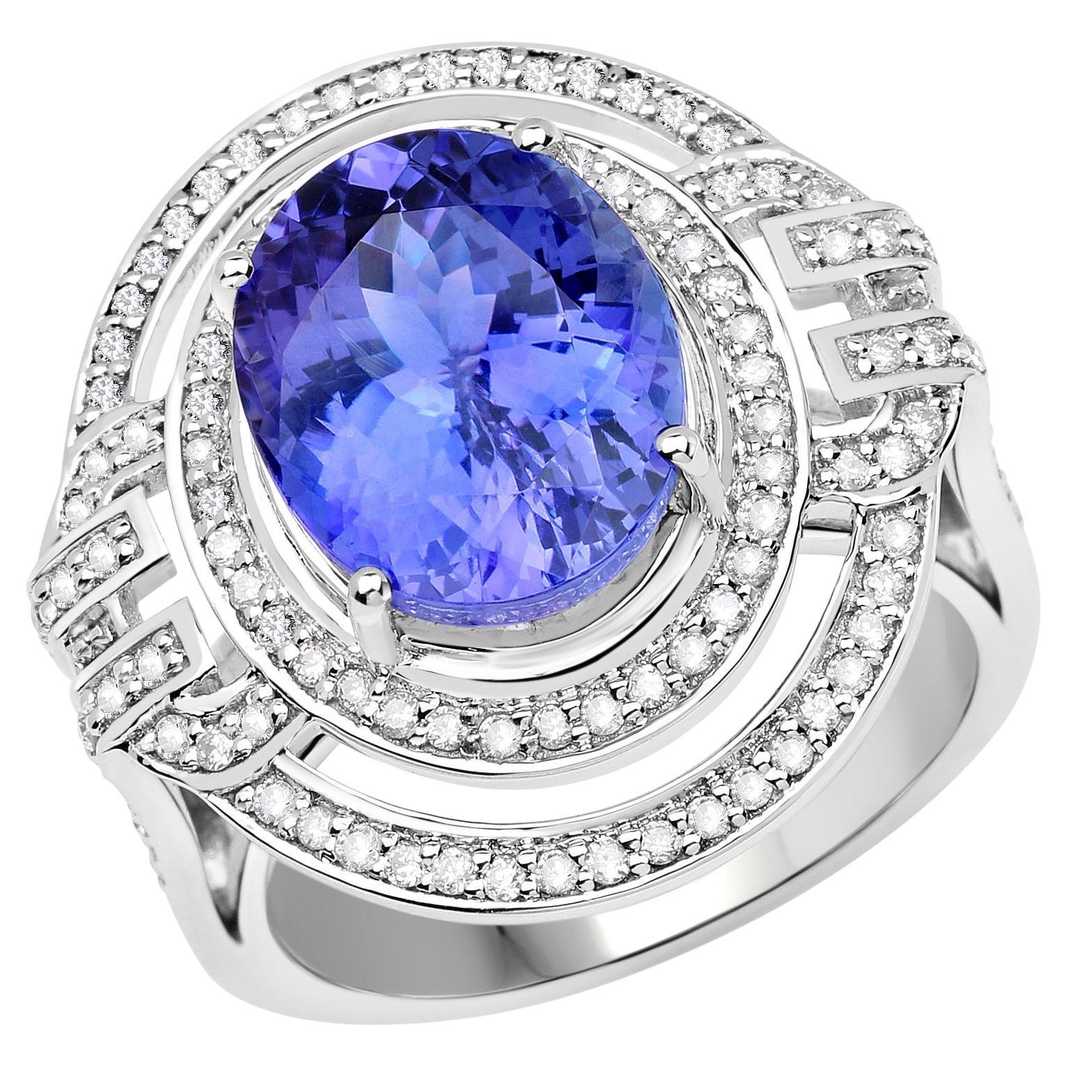 Natural Tanzanite and Diamond Cocktail Ring 6.85 Carats 14k White Gold For Sale