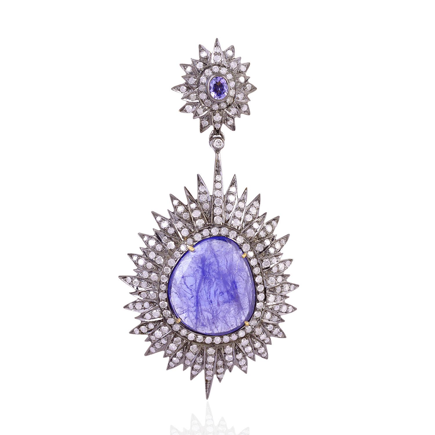Cabochon Natural Tanzanite And Diamond Statement Earrings 27 Carats For Sale