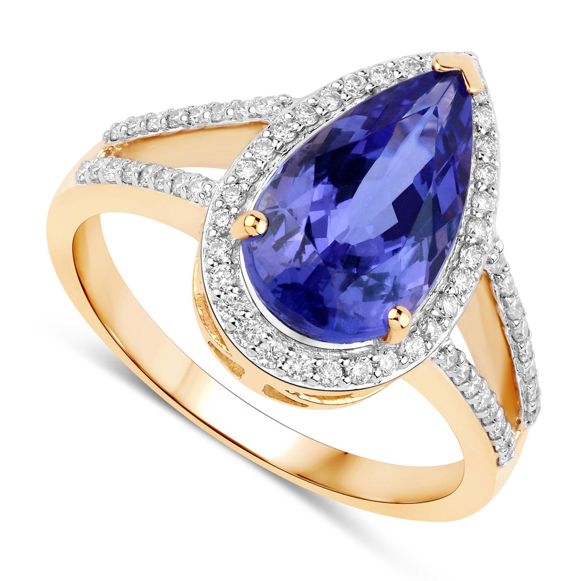 Pear Cut Natural Tanzanite and Diamond Statement Ring 3.45 Carats 14K Yellow Gold For Sale