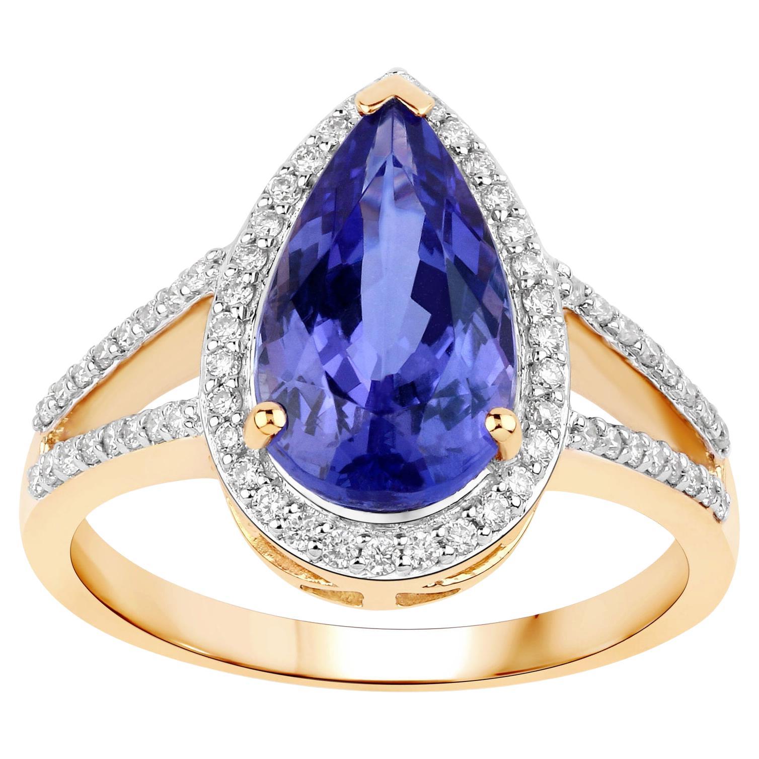 Natural Tanzanite and Diamond Statement Ring 3.45 Carats 14K Yellow Gold For Sale