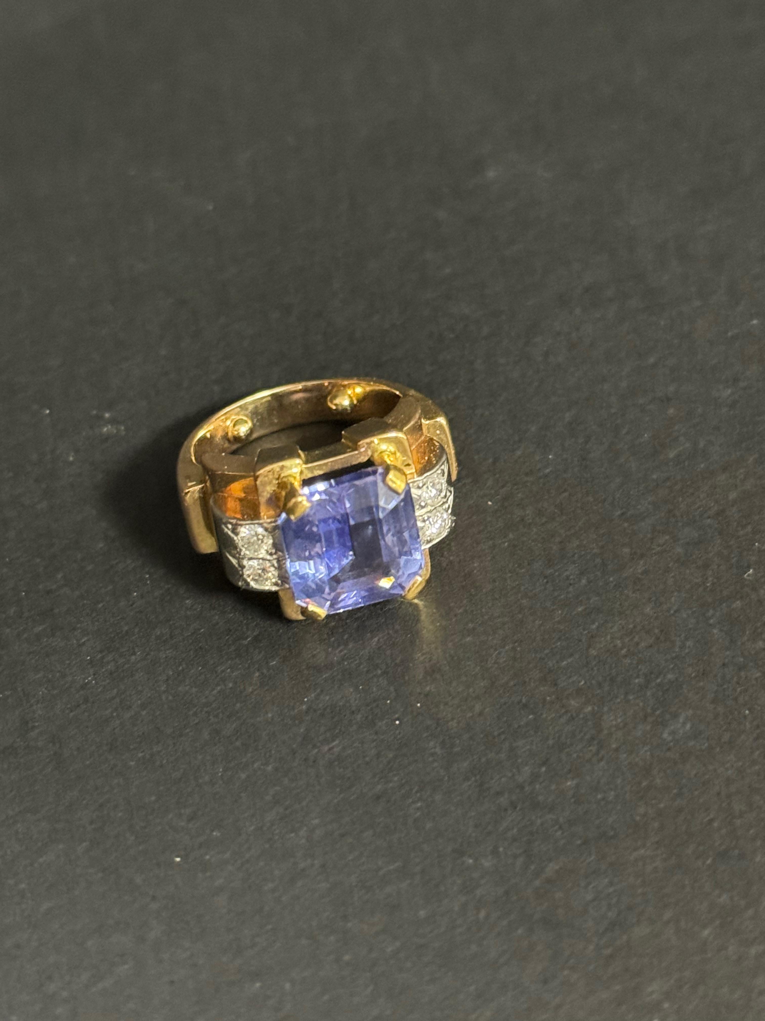 Tank-Ring mit natürlichem Tansanit und Diamant (Achteckschliff) im Angebot