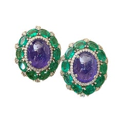 Natural Tanzanite and Emerald Studs Set in 18 Karat Gold with Diamonds