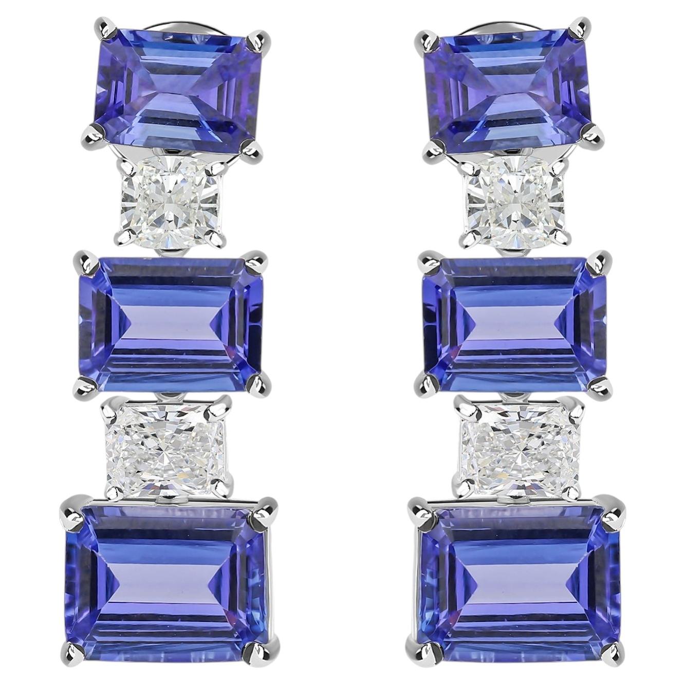 Natural Tanzanite Gemstone SI/H Diamond Drop Earrings in 18K White Gold For Sale