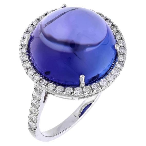 12.88 Ct Natural Tanzanite Cabochon & 0.55 Ct Natural Diamond Ring in 18KW Gold For Sale