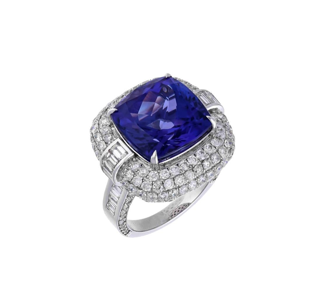 Antique Cushion Cut 13.27 Ct Natural Tanzanite & 3.4 Ct Natural Diamond Ring in 18KW Gold For Sale