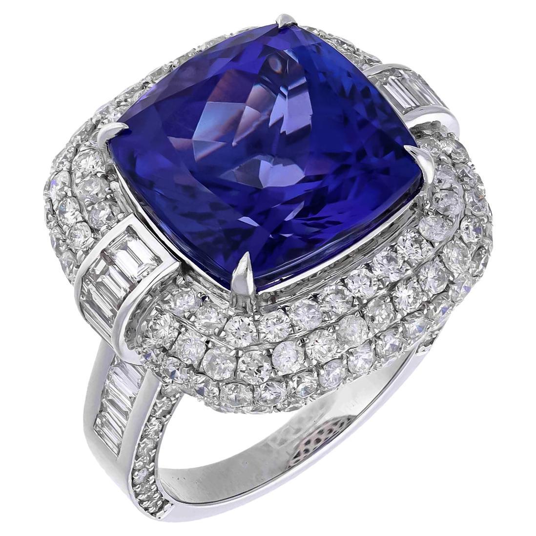 13.27 Ct Natural Tanzanite & 3.4 Ct Natural Diamond Ring in 18KW Gold For Sale
