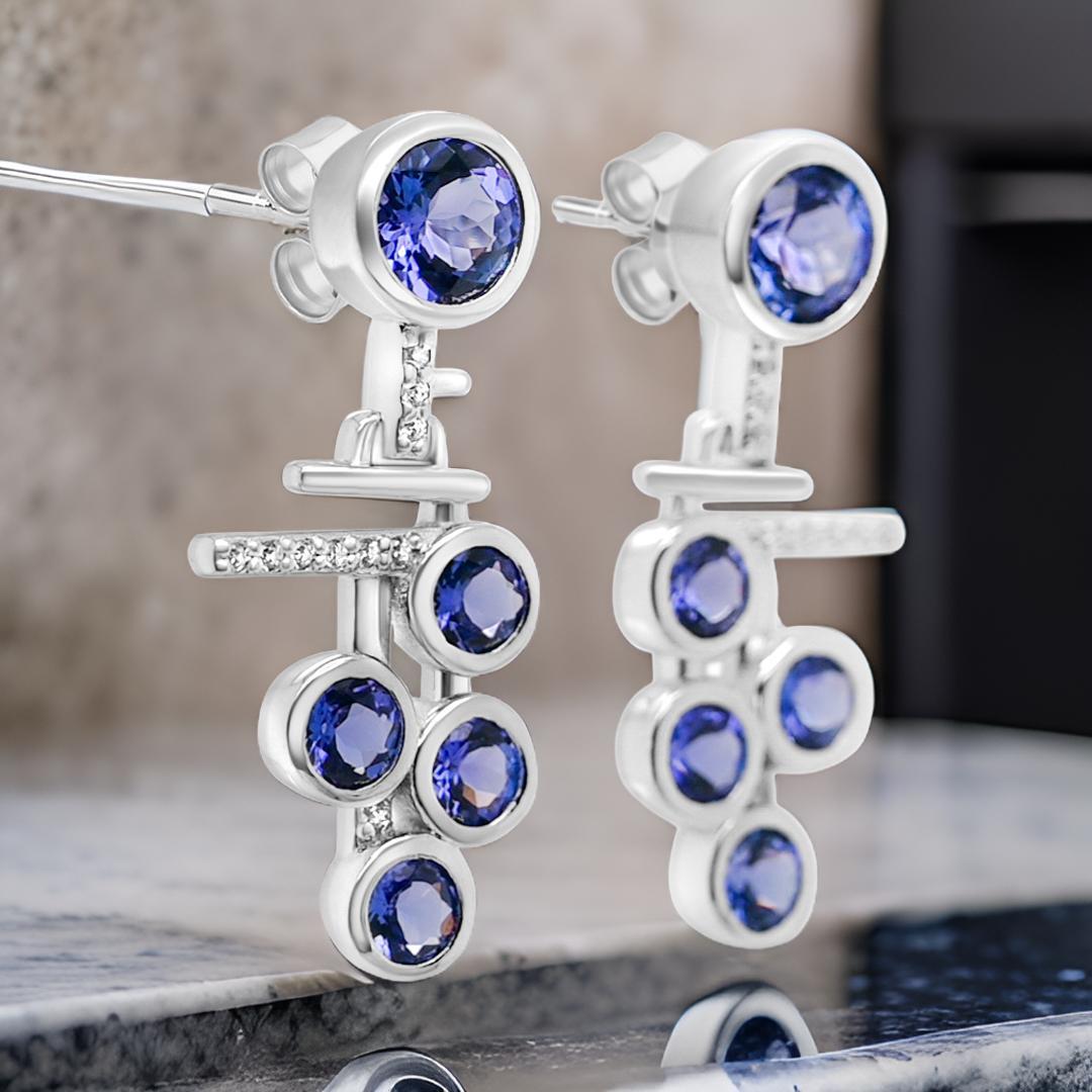 Art Deco Natural Tanzanite and Round White CZ Rhodium Plated 925 Sterling Silver Earrings For Sale