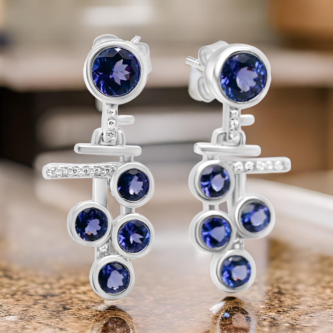 Round Cut Natural Tanzanite and Round White CZ Rhodium Plated 925 Sterling Silver Earrings For Sale