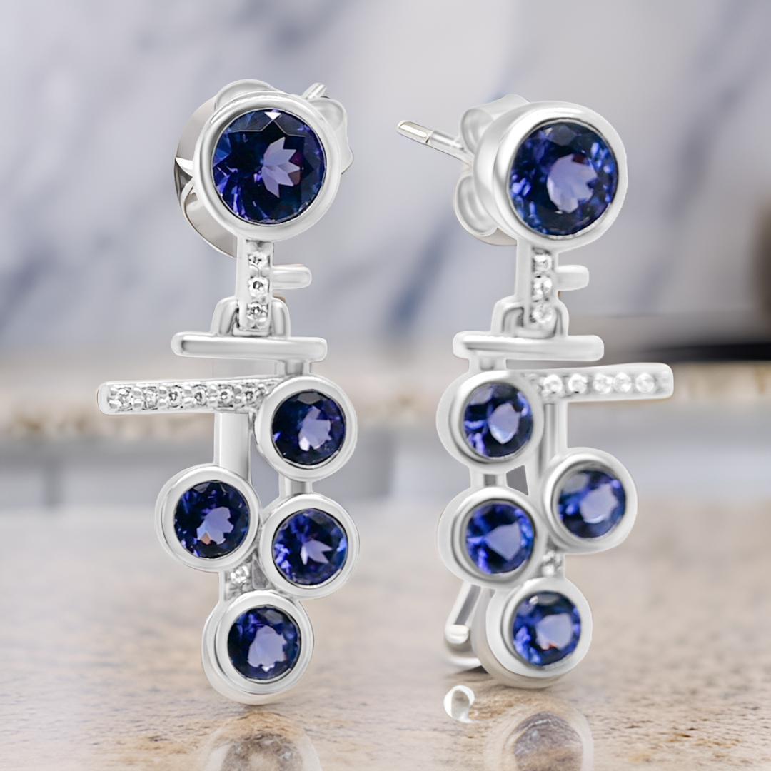 Women's Natural Tanzanite and Round White CZ Rhodium Plated 925 Sterling Silver Earrings For Sale